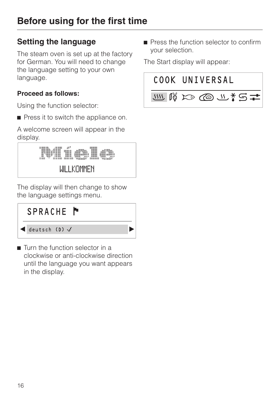 Setting the language 16, Before using for the first time, Setting the language | Miele DG 2351 User Manual | Page 16 / 72