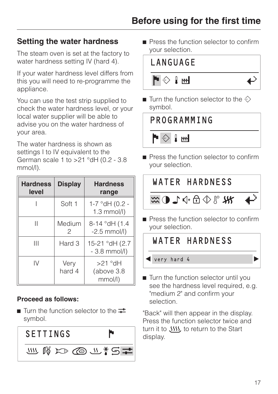 Setting the water hardness 17, Before using for the first time, Setting the water hardness | Miele DG 2351 User Manual | Page 17 / 72