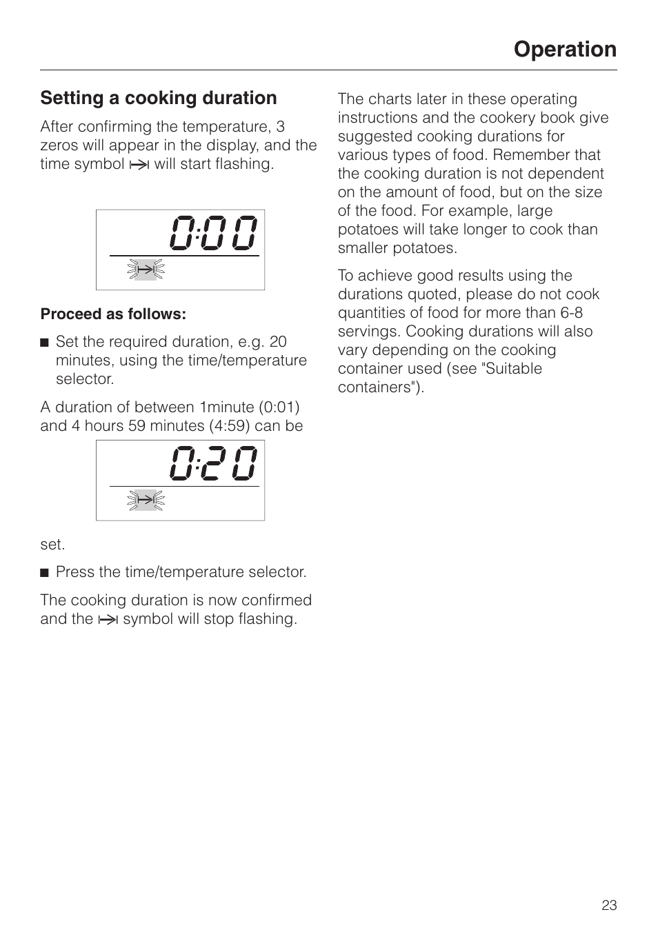 Setting a cooking duration 23, Operation, Setting a cooking duration | Miele DG 2351 User Manual | Page 23 / 72