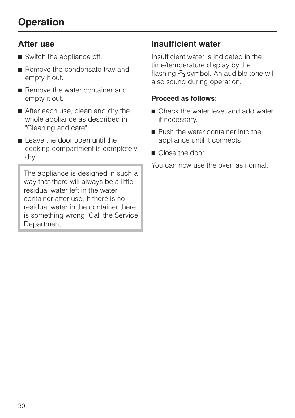 After use 30, Insufficient water 30, Operation | After use, Insufficient water | Miele DG 2351 User Manual | Page 30 / 72