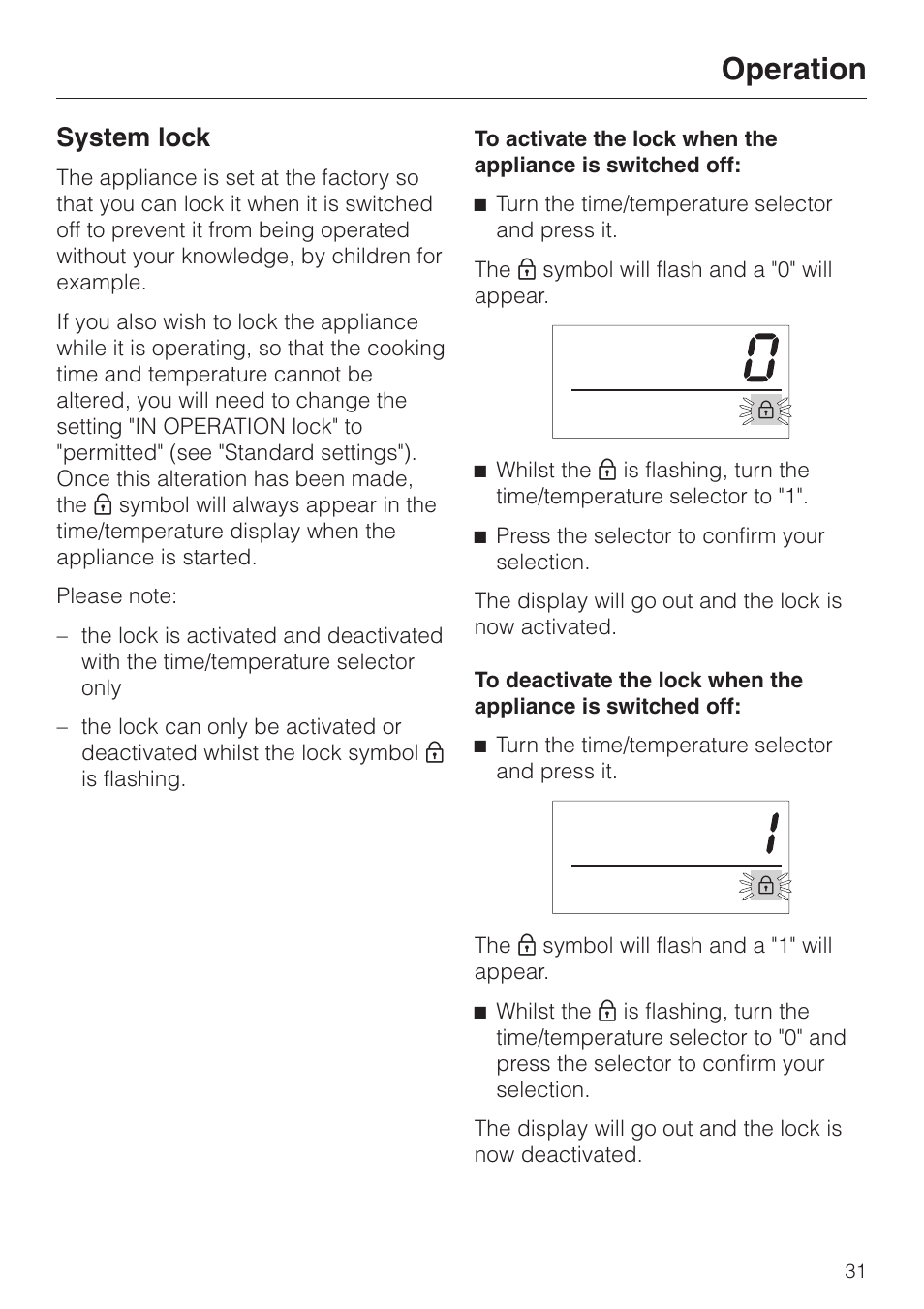 System lock 31, Operation, System lock | Miele DG 2351 User Manual | Page 31 / 72