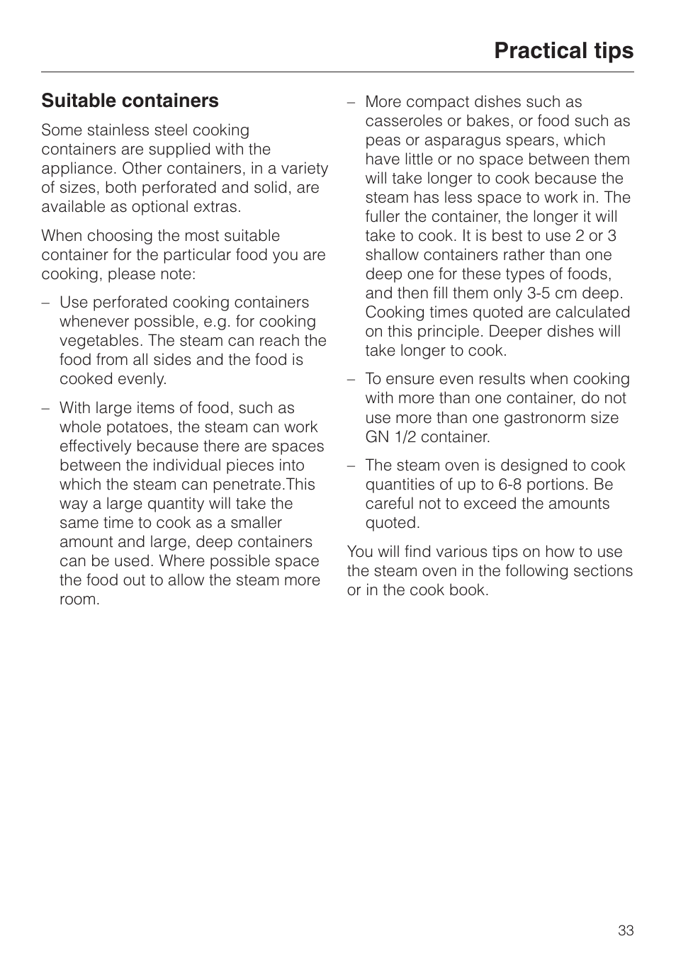 Practical tips 33, Suitable containers 33, Practical tips | Suitable containers | Miele DG 2351 User Manual | Page 33 / 72