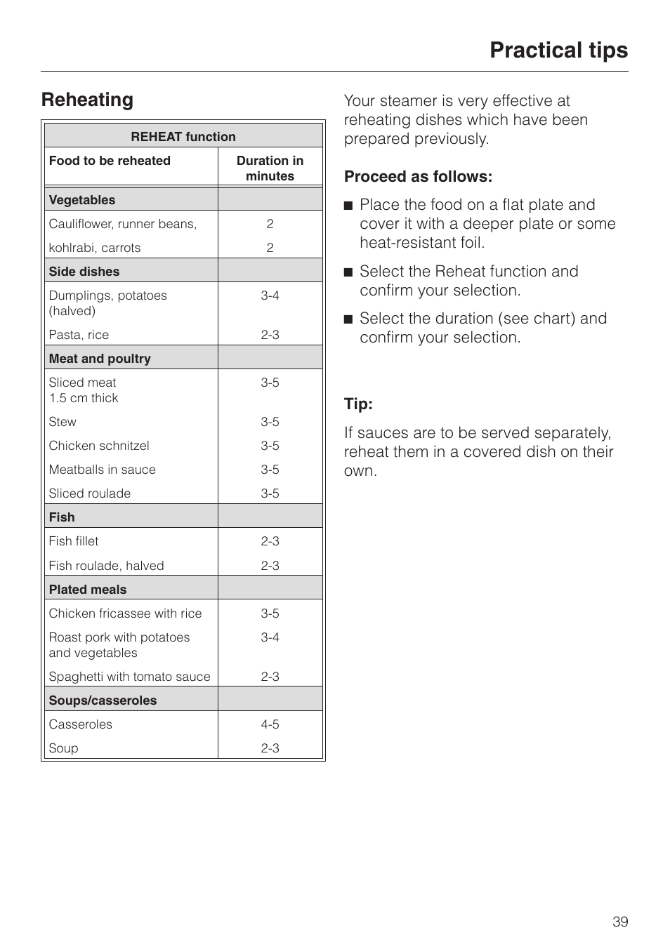 Reheating 39, Practical tips, Reheating | Miele DG 2351 User Manual | Page 39 / 72