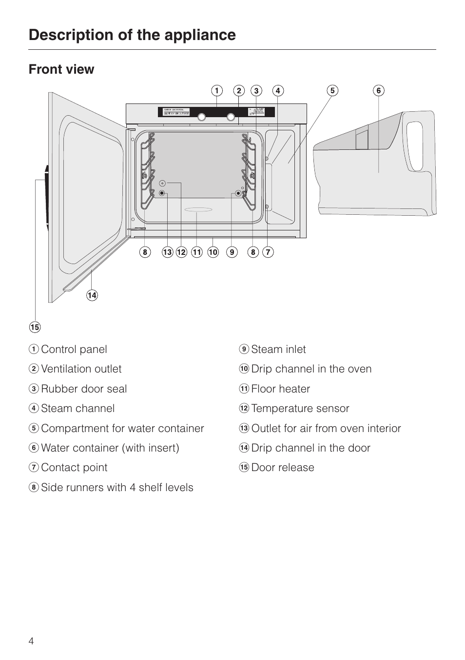 Description of the appliance 4, Front view 4, Description of the appliance | Front view | Miele DG 2351 User Manual | Page 4 / 72