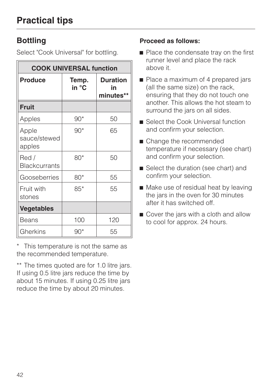 Bottling 42, Practical tips, Bottling | Miele DG 2351 User Manual | Page 42 / 72