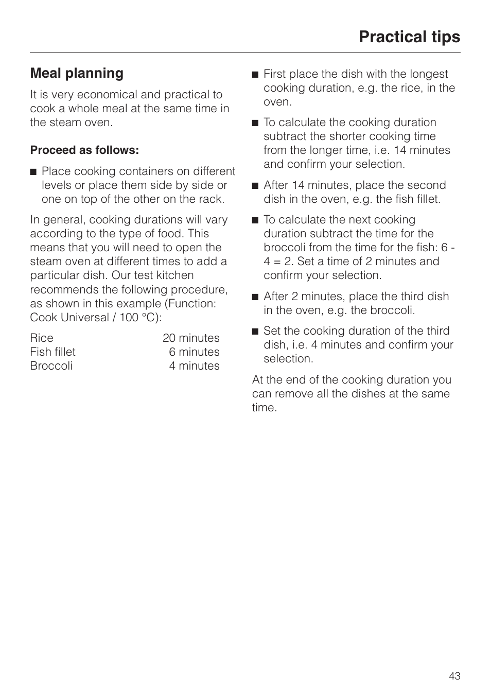 Meal planning 43, Practical tips, Meal planning | Miele DG 2351 User Manual | Page 43 / 72