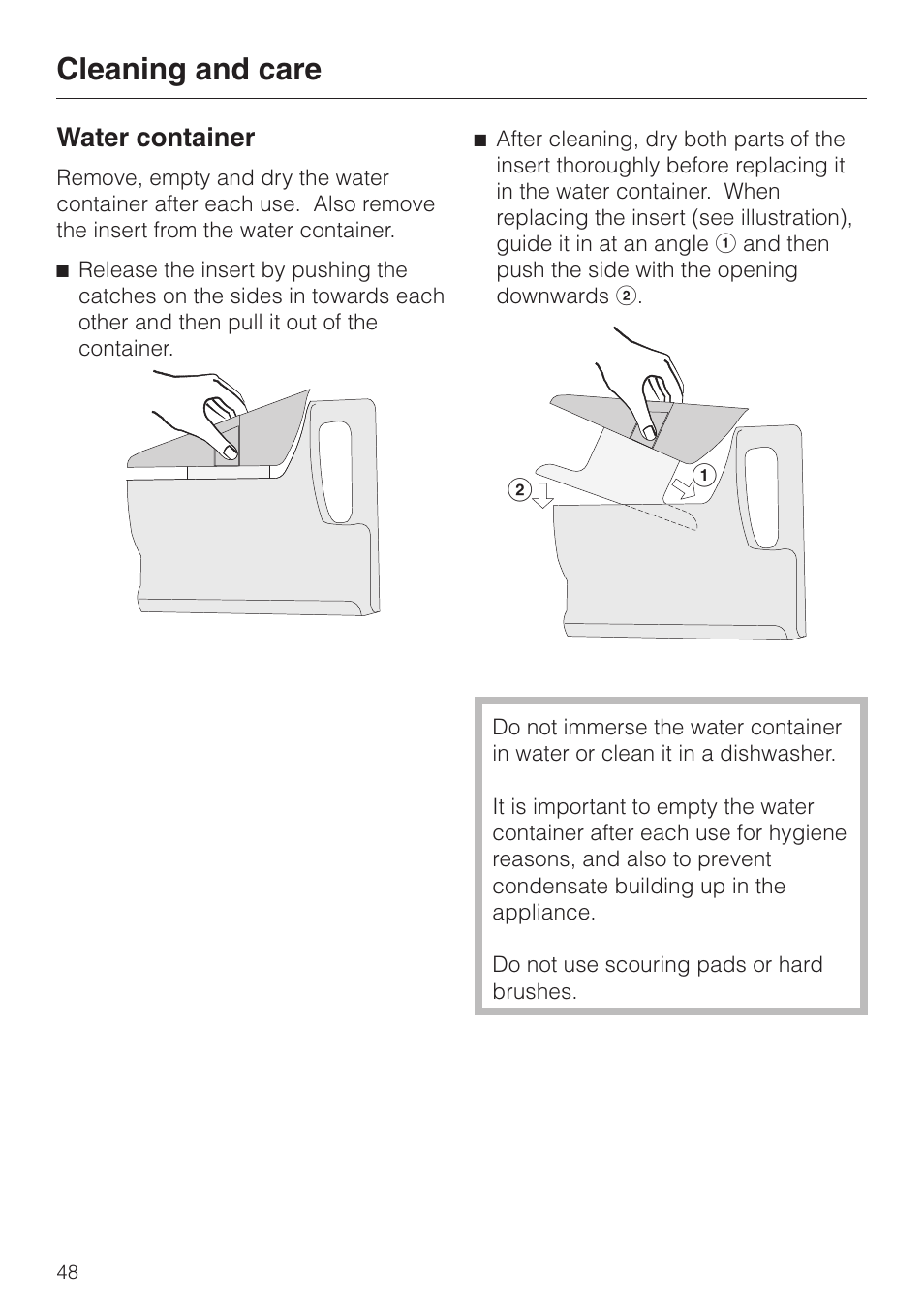 Water container 48, Cleaning and care, Water container | Miele DG 2351 User Manual | Page 48 / 72