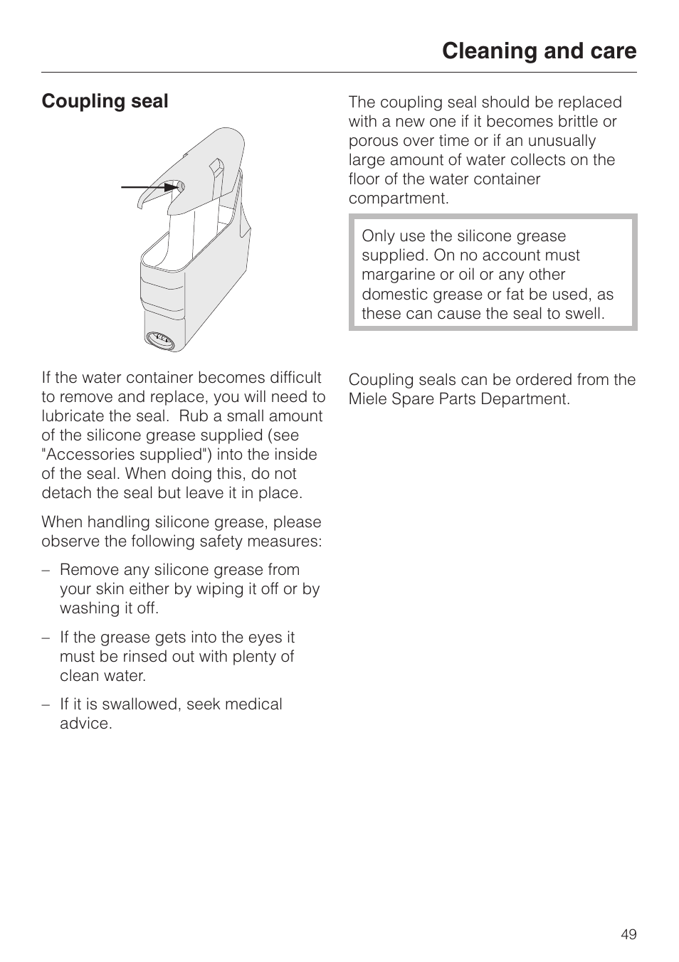 Coupling seal 49, Cleaning and care, Coupling seal | Miele DG 2351 User Manual | Page 49 / 72