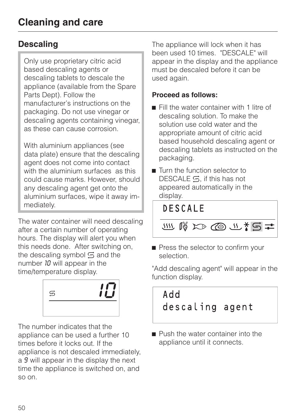 Descaling 50, Cleaning and care, Descaling | Miele DG 2351 User Manual | Page 50 / 72