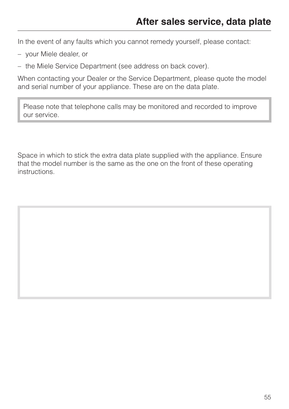 After sales service, data plate 55, After sales service, data plate | Miele DG 2351 User Manual | Page 55 / 72