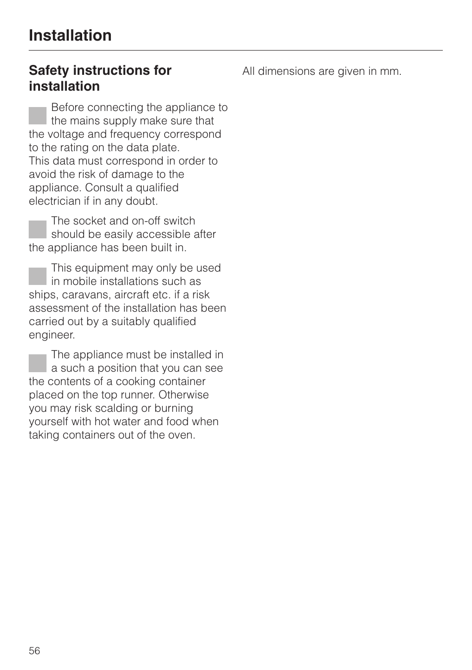 Installation 56, Safety instructions for installation 56, Installation | Safety instructions for installation | Miele DG 2351 User Manual | Page 56 / 72