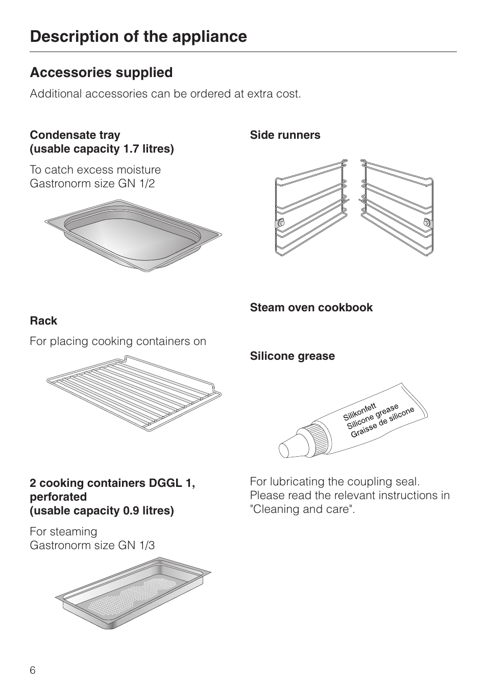 Accessories supplied 6, Description of the appliance, Accessories supplied | Miele DG 2351 User Manual | Page 6 / 72