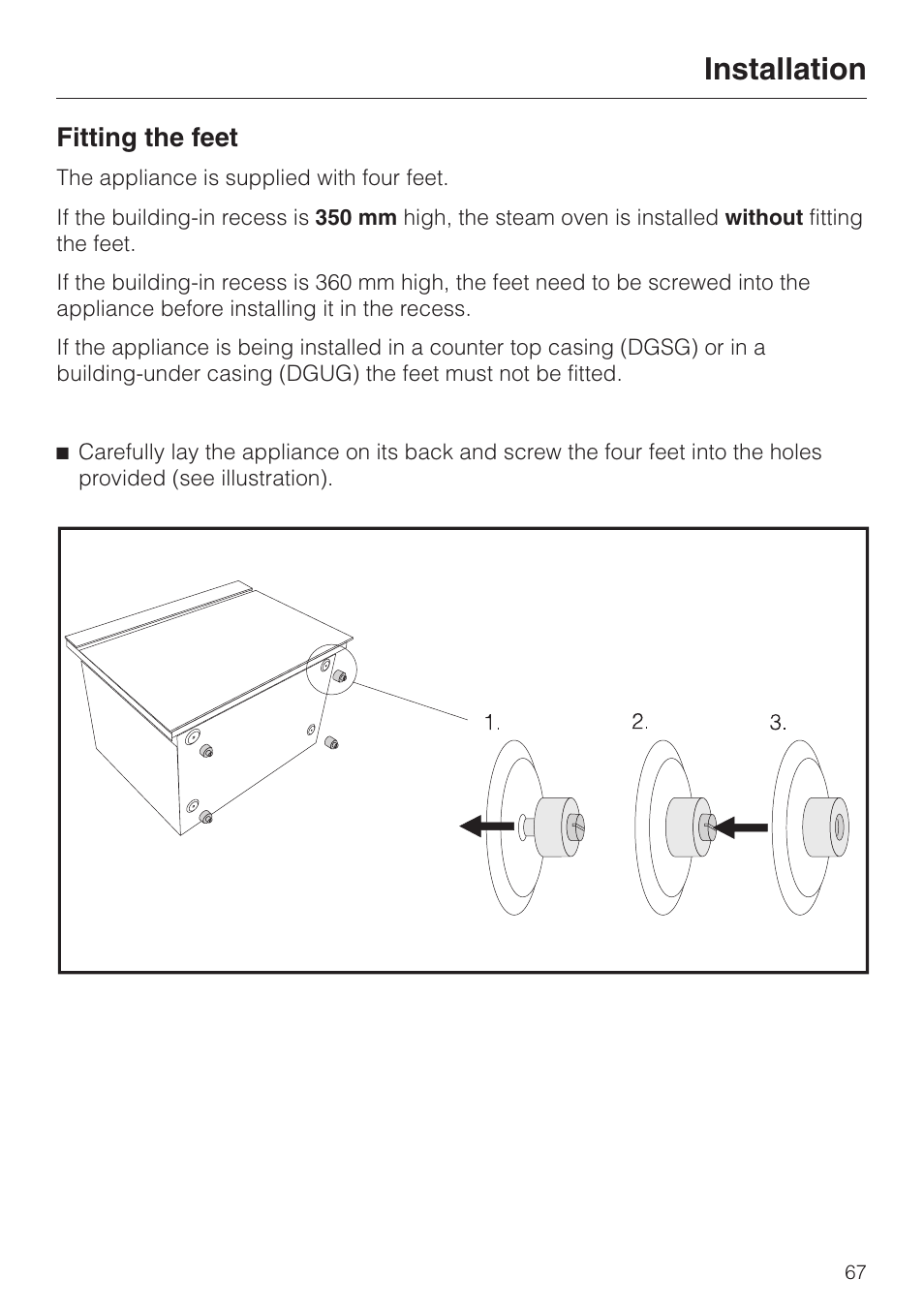 Fitting the feet 67, Installation, Fitting the feet | Miele DG 2351 User Manual | Page 67 / 72