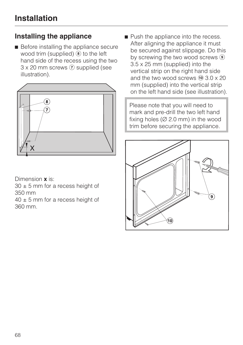 Installing the appliance 68, Installation, Installing the appliance | Miele DG 2351 User Manual | Page 68 / 72