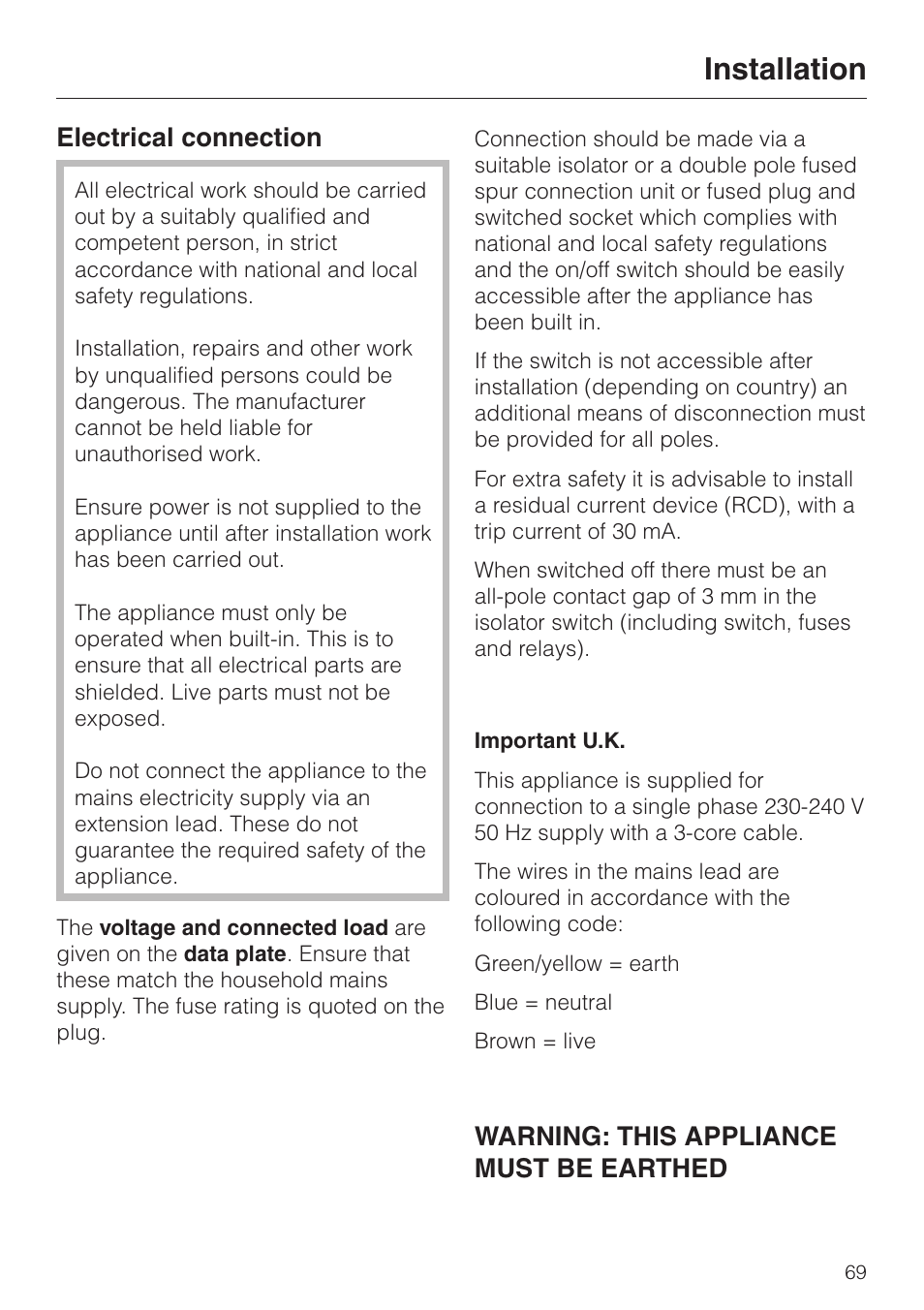 Electrical connection 69, Installation, Electrical connection | Warning: this appliance must be earthed | Miele DG 2351 User Manual | Page 69 / 72