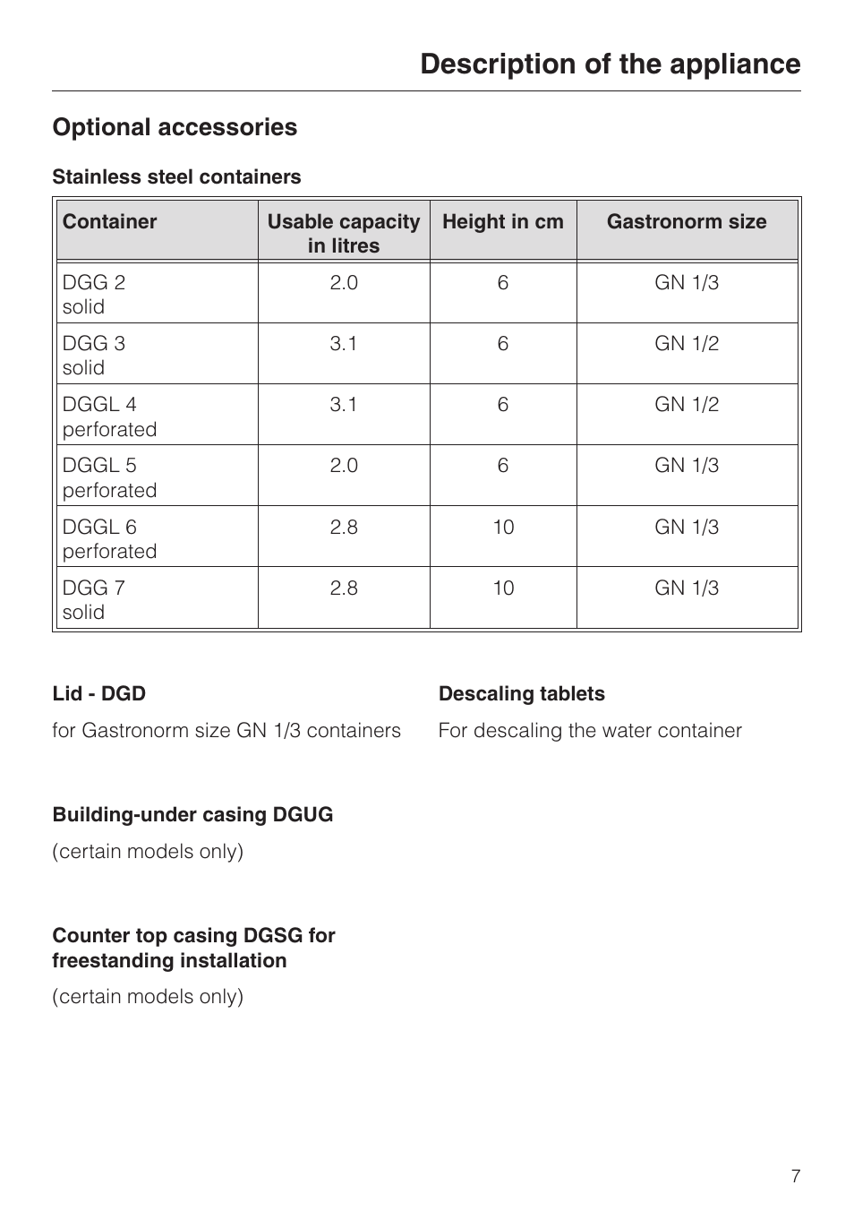 Optional accessories 7, Description of the appliance, Optional accessories | Miele DG 2351 User Manual | Page 7 / 72