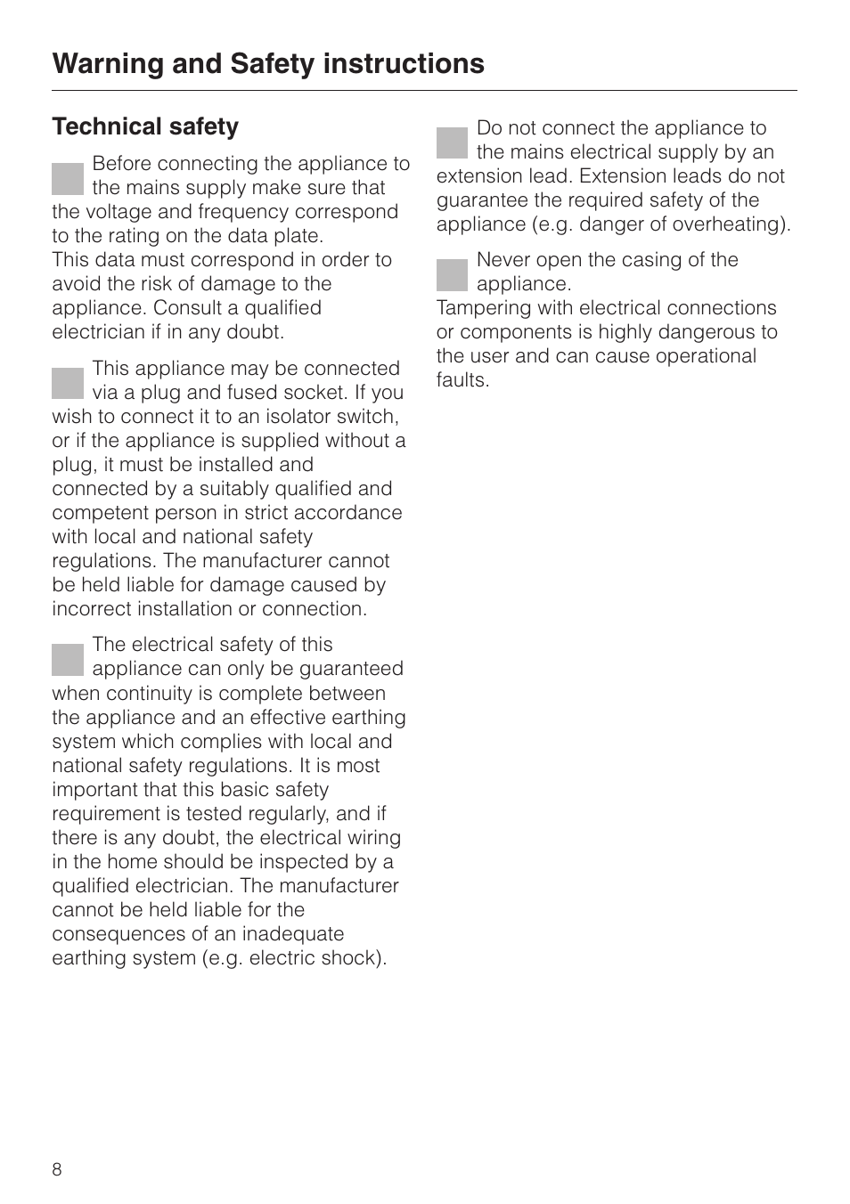 Warning and safety instructions 8, Warning and safety instructions, Technical safety | Miele DG 2351 User Manual | Page 8 / 72