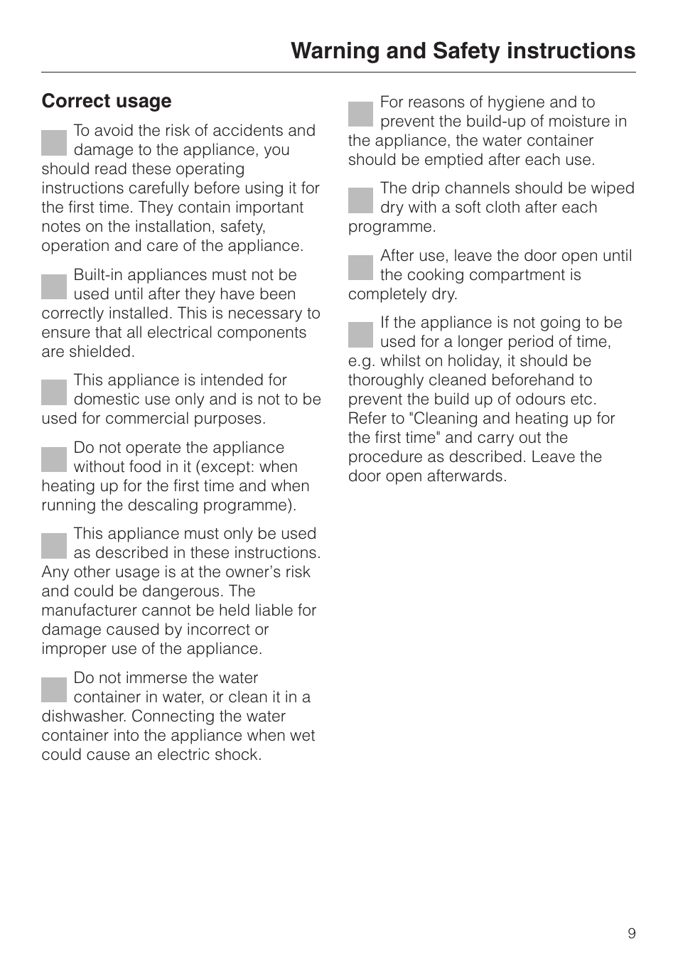 Warning and safety instructions, Correct usage | Miele DG 2351 User Manual | Page 9 / 72