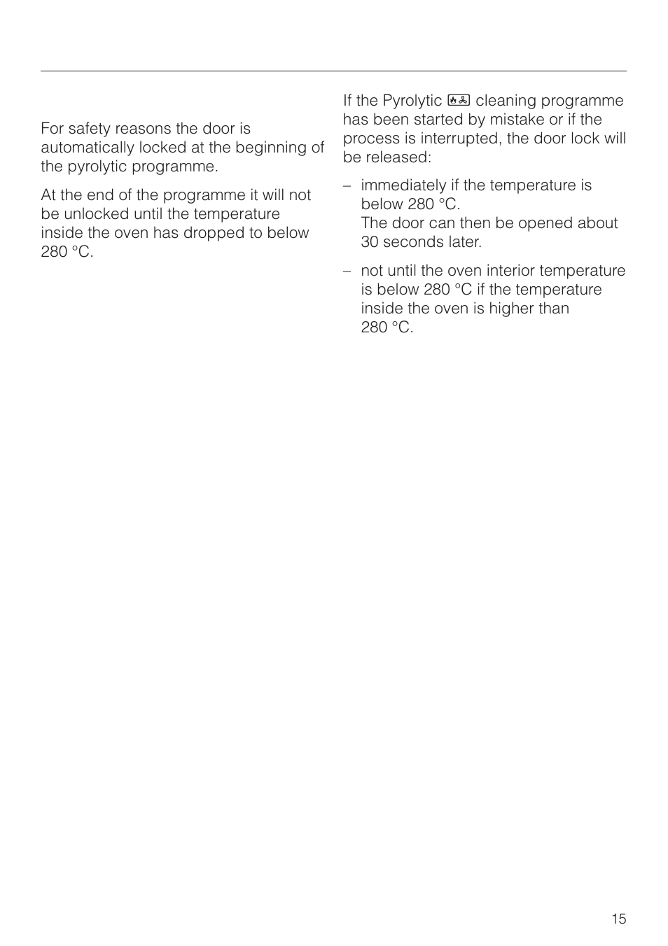 Safety feature 15, Safety feature, Door lock for pyrolytic mode | Miele H4270 User Manual | Page 15 / 72