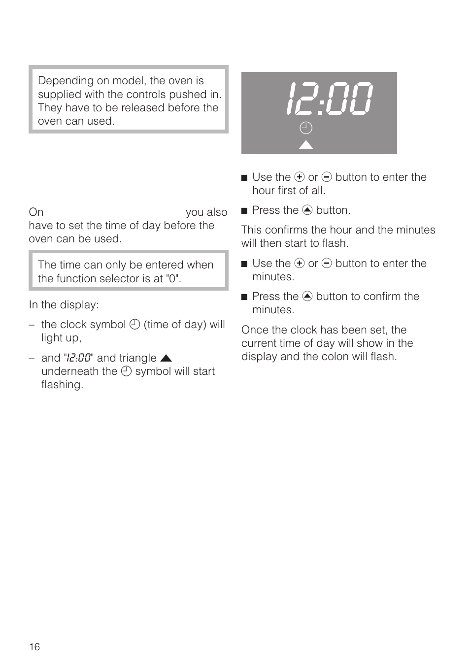 Before using for the first time 16, Setting the time of day for the first time 16, Before using for the first time | Setting the time of day for the first time | Miele H4270 User Manual | Page 16 / 72