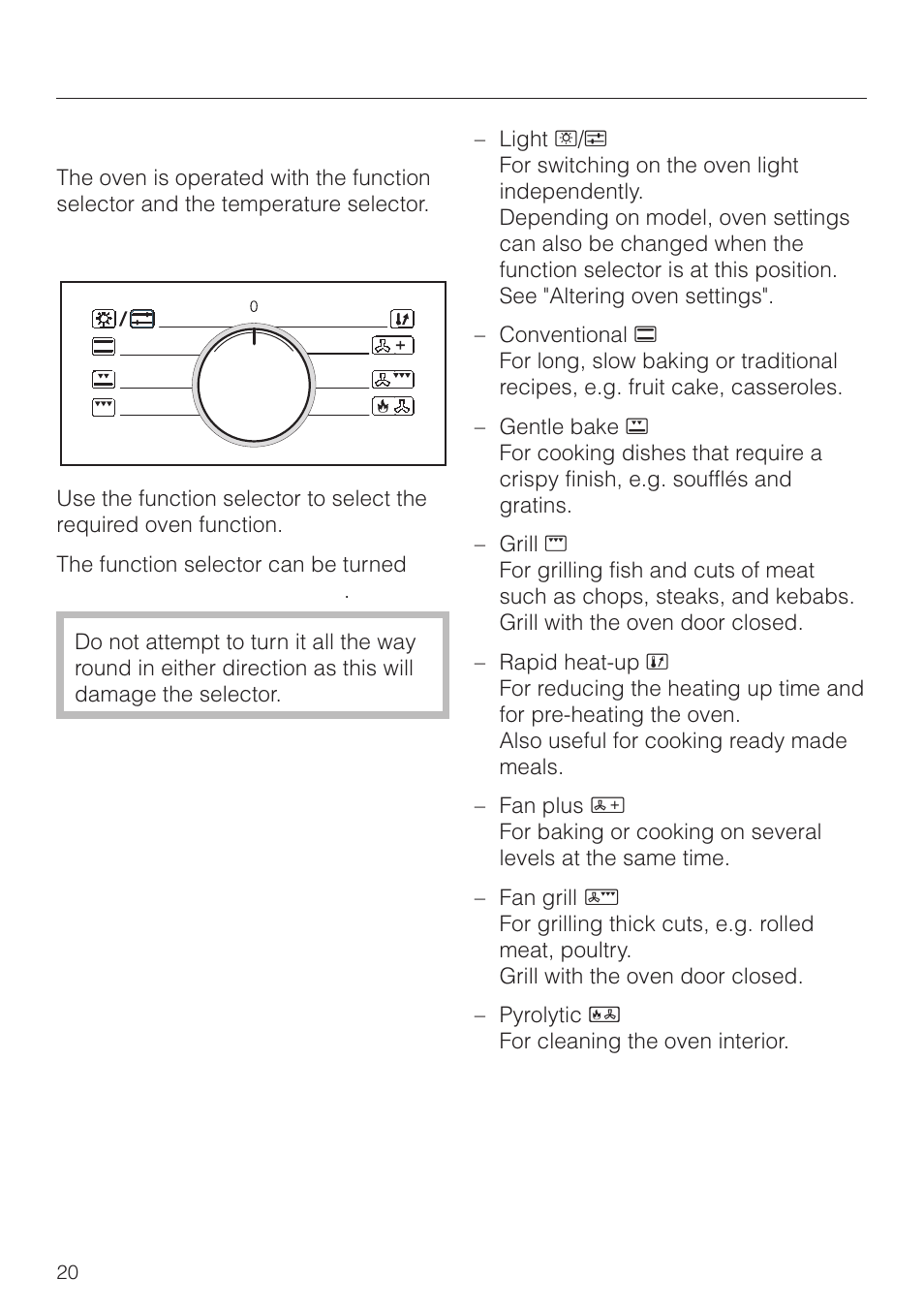 Using the oven 20, Controls 20, Function selector 20 | Using the oven, Controls | Miele H4270 User Manual | Page 20 / 72