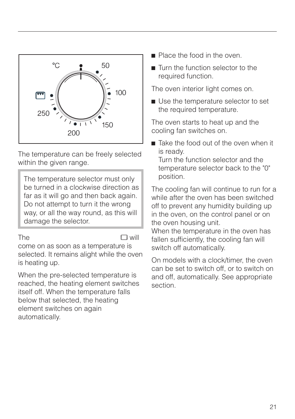 Temperature selector 21, Using the oven 21, Using the oven | Miele H4270 User Manual | Page 21 / 72