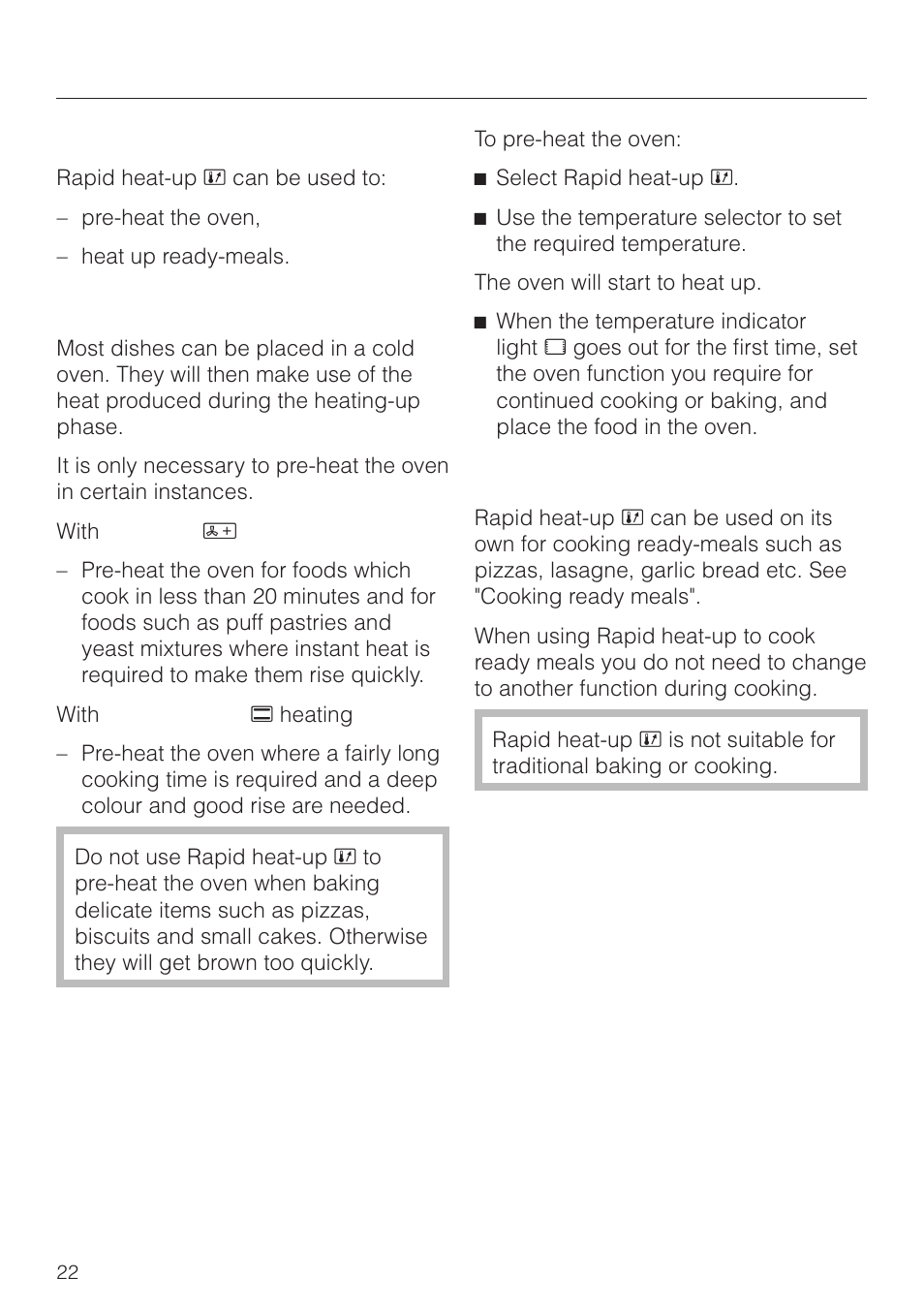 Rapid heat-up 22, Pre-heating the oven 22, Cooking ready-meals 22 | Using the oven, Rapid heat-up | Miele H4270 User Manual | Page 22 / 72