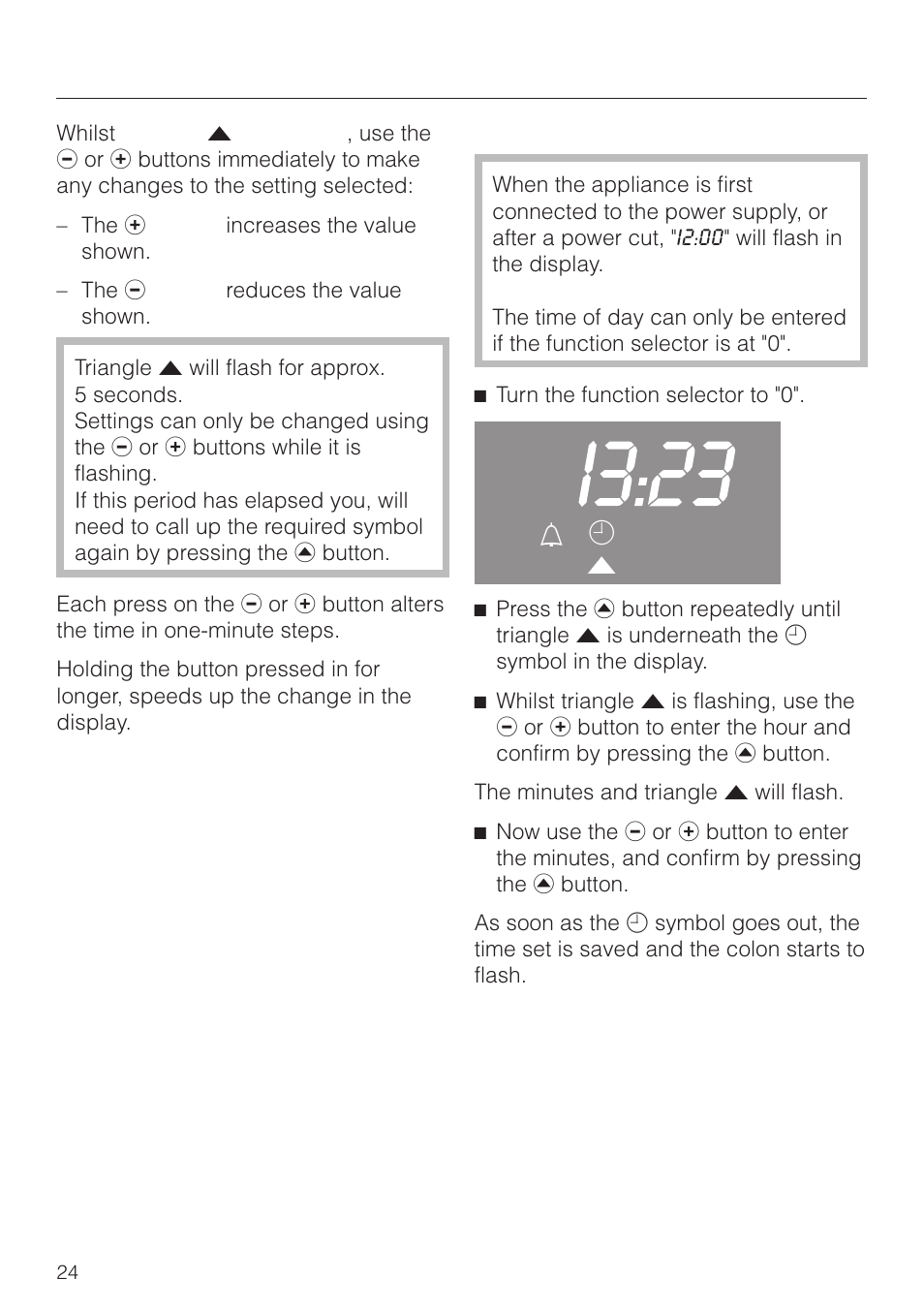 Setting the time of day 24, Clock/timer, Setting the time of day | L m v | Miele H4270 User Manual | Page 24 / 72