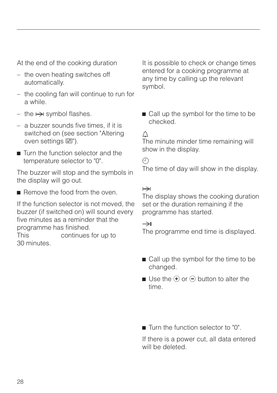 The end of a cooking programme 28, To check and change an entered time 28, To delete cooking times 28 | Clock/timer, The end of a cooking programme | Miele H4270 User Manual | Page 28 / 72