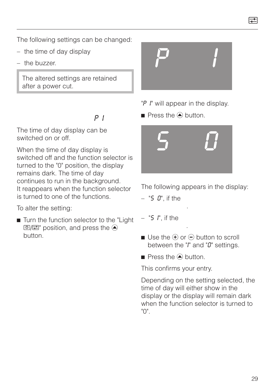 Altering oven settings v 29, Time of day display ( p i ) 29, Altering oven settings v | Time of day display ( p i ) | Miele H4270 User Manual | Page 29 / 72