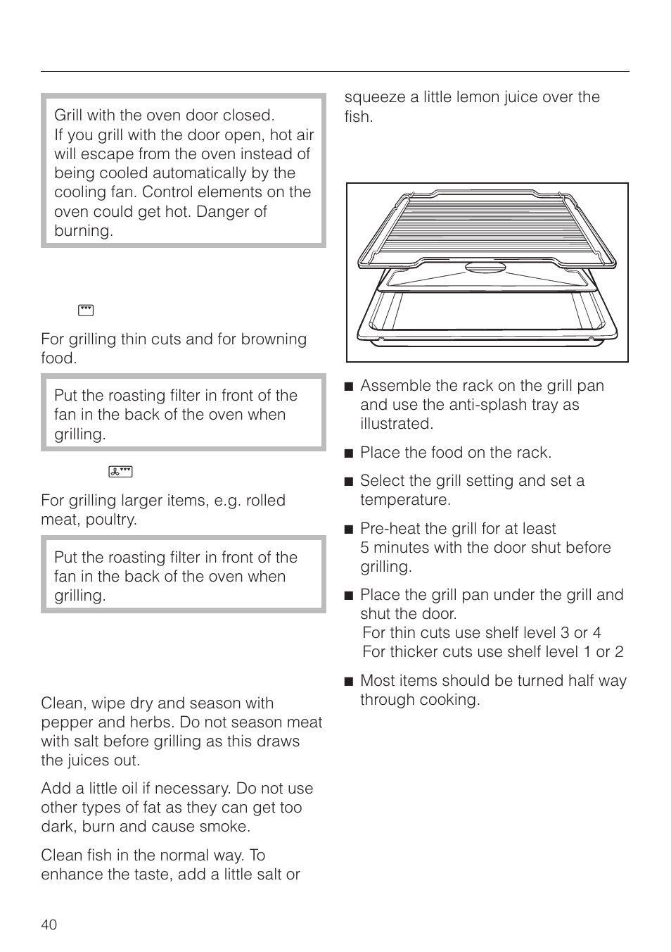 Grilling 40, Grilling, Grill settings | Preparing food for grilling, Grilling on the rack | Miele H4270 User Manual | Page 40 / 72