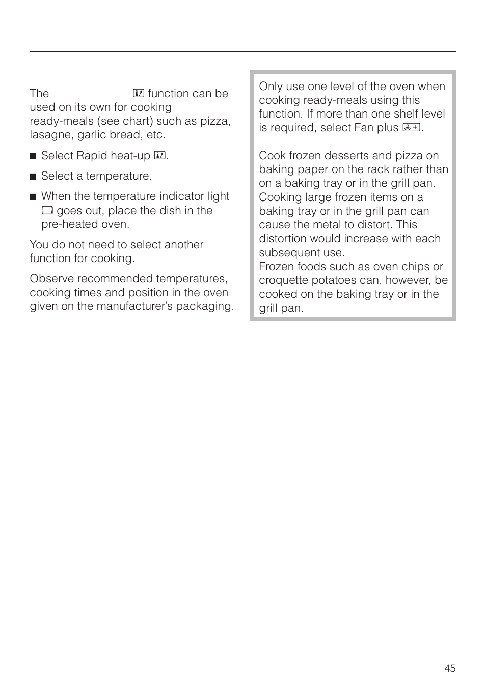Cooking ready-meals 45, Cooking, Cooking ready-meals | Miele H4270 User Manual | Page 45 / 72