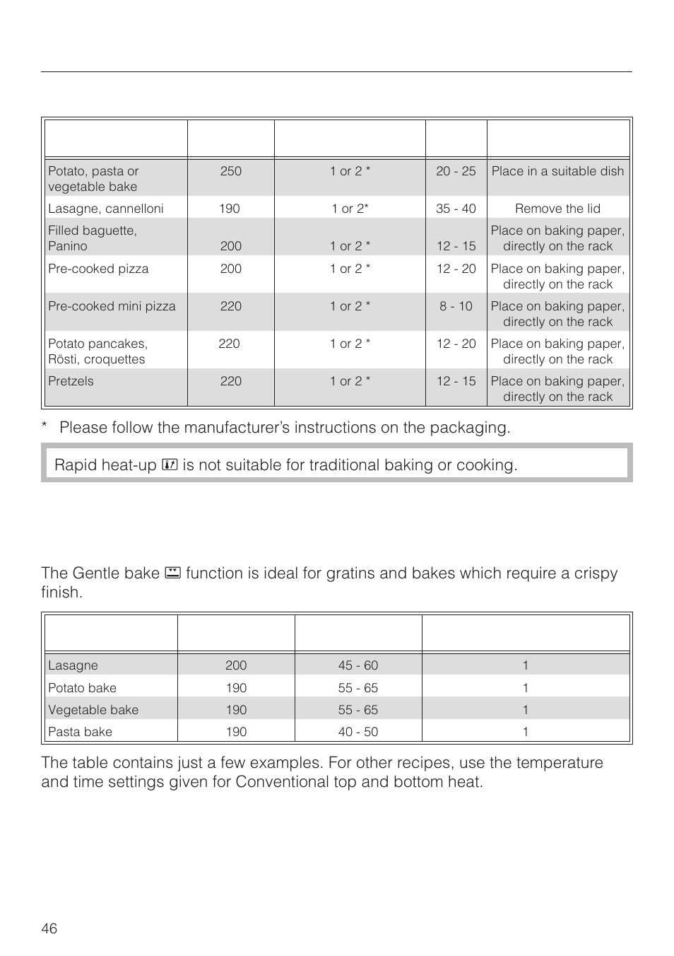 Examples of ready-meals 46, Gentle bake 46, Cooking | Gentle bake | Miele H4270 User Manual | Page 46 / 72