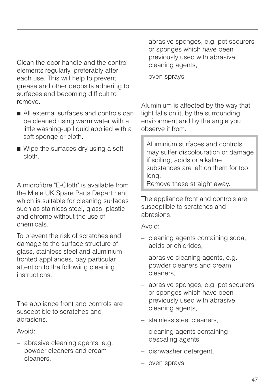 Cleaning and care 47, Appliance front and control panel 47, Cleaning and care | Appliance front and control panel, E-cloth, Glass fronted appliances, Aluminium fronted appliances | Miele H4270 User Manual | Page 47 / 72