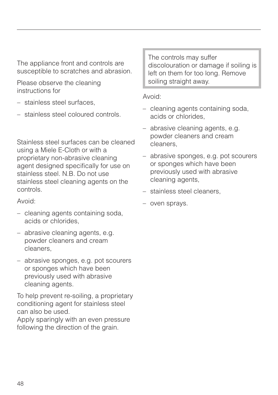 Cleaning and care, Stainless steel fronted appliances | Miele H4270 User Manual | Page 48 / 72