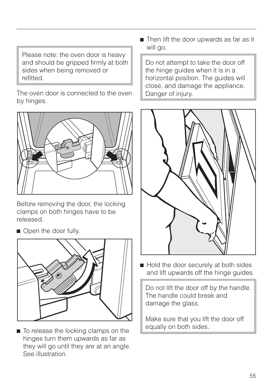 To remove the oven door 55, Cleaning and care | Miele H4270 User Manual | Page 55 / 72