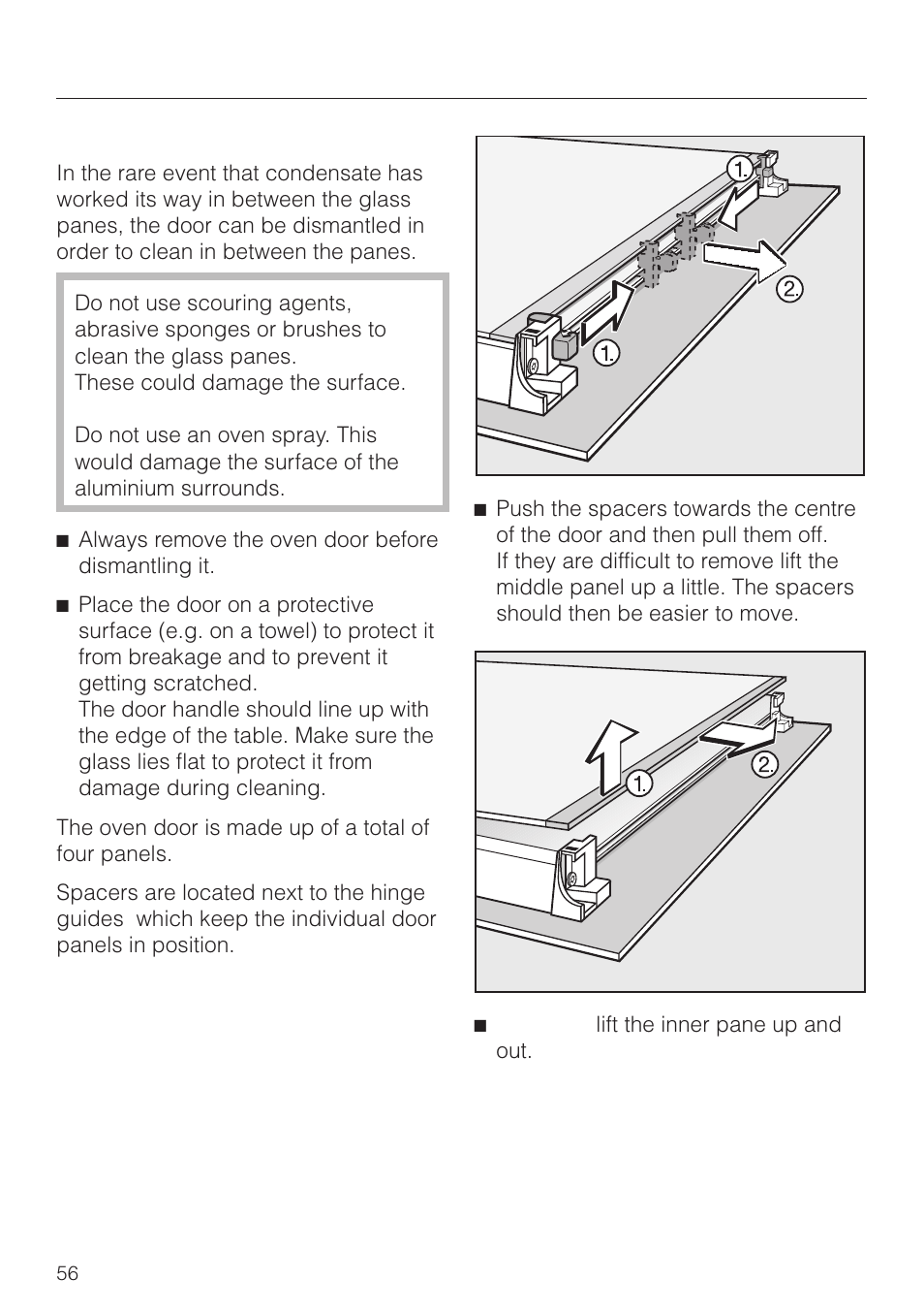 To dismantle the oven door 56, Cleaning and care | Miele H4270 User Manual | Page 56 / 72