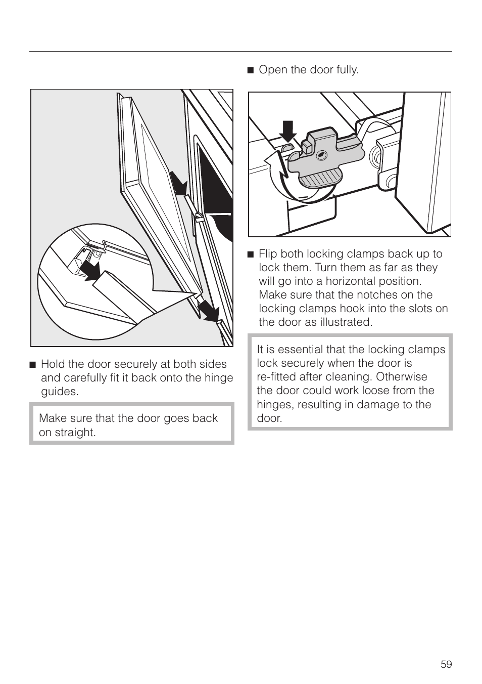 To refit the door 59, Cleaning and care | Miele H4270 User Manual | Page 59 / 72
