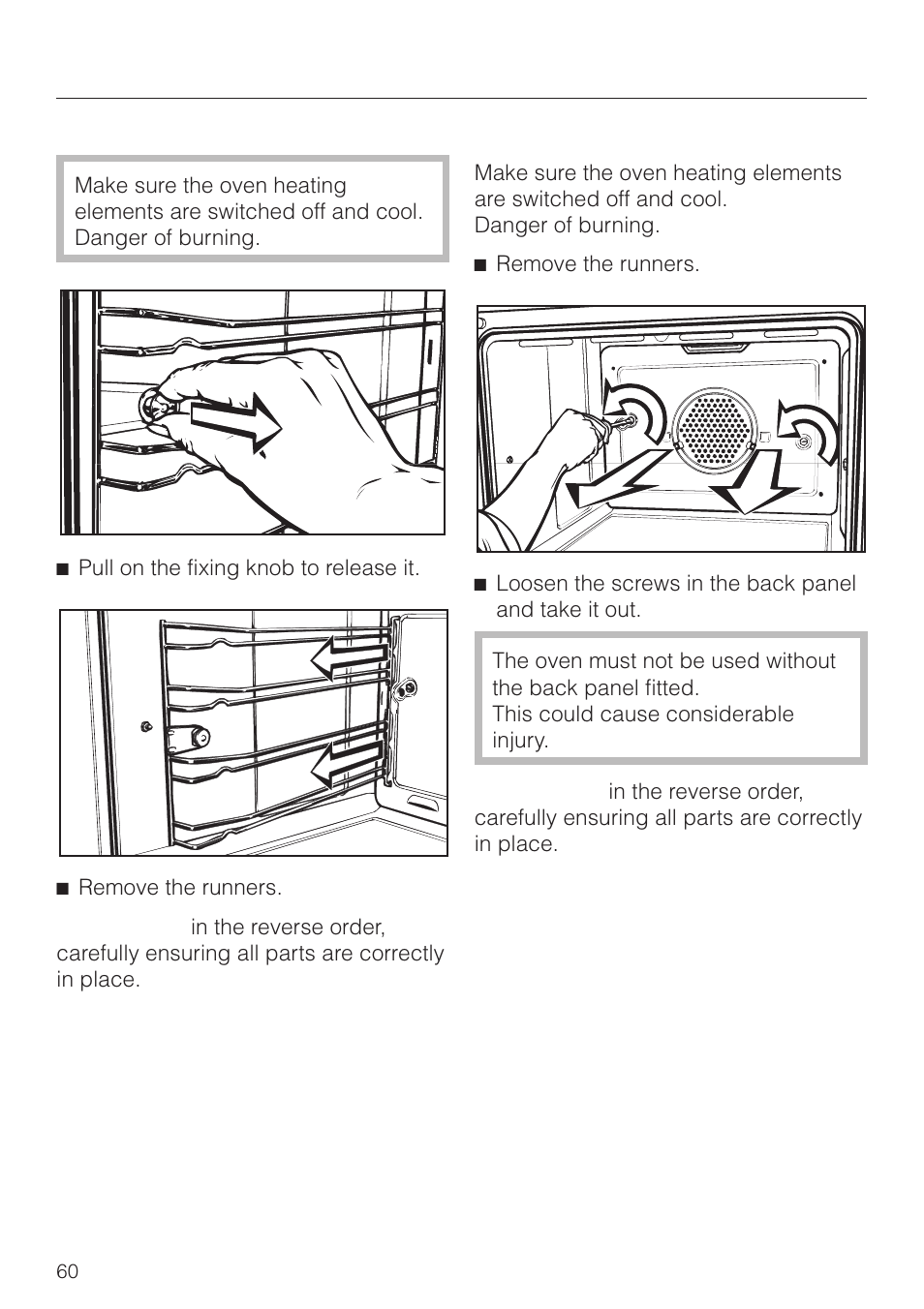 To remove the runners 60, To remove the back panel 60, Cleaning and care | Miele H4270 User Manual | Page 60 / 72