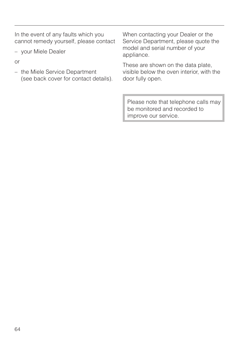After sales service 64, After sales service | Miele H4270 User Manual | Page 64 / 72