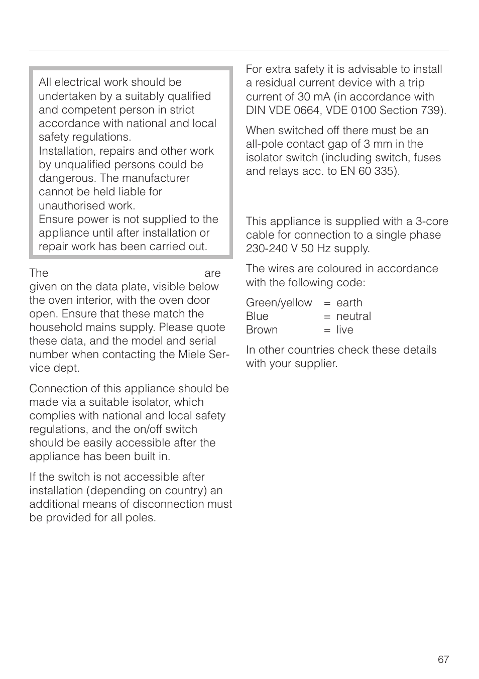 Electrical connection uk, irl, za 67, Electrical connection uk, irl, za, Important u.k | Miele H4270 User Manual | Page 67 / 72