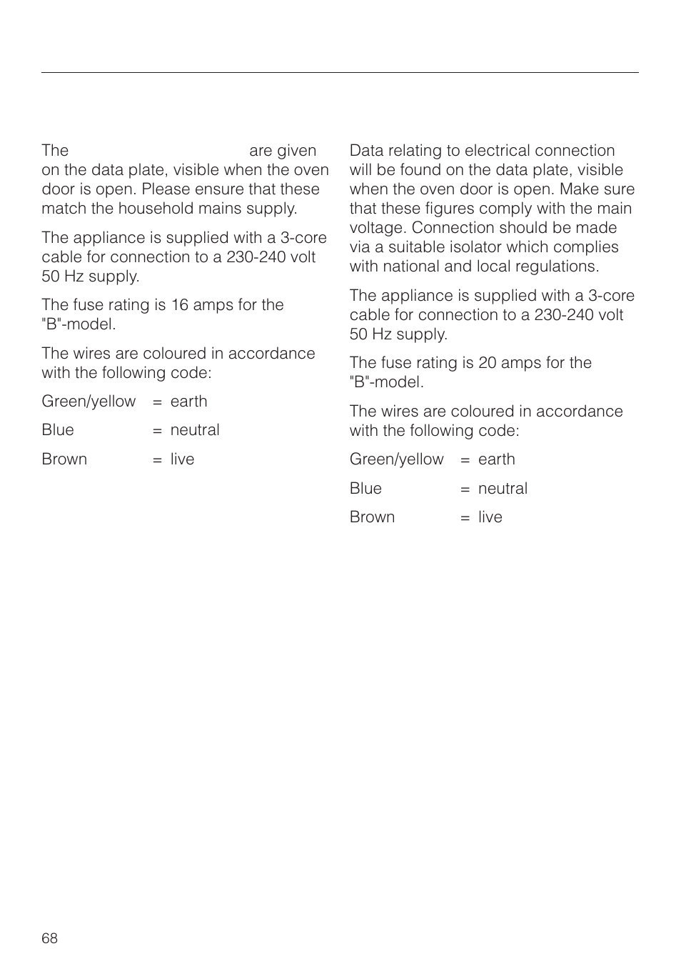 Electrical connection uk, irl, za | Miele H4270 User Manual | Page 68 / 72