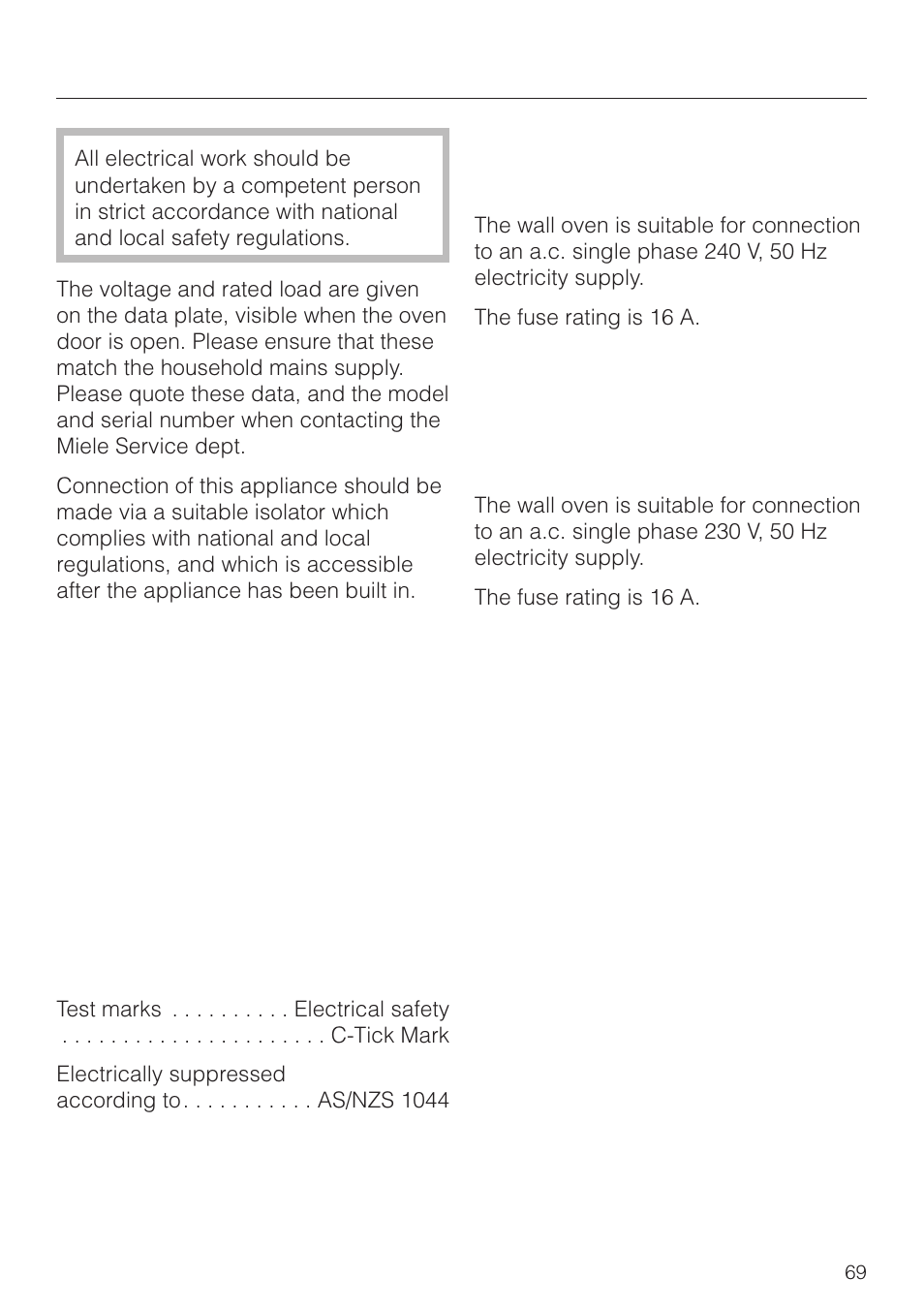Electrical connection aus, nz 69, Electrical connection aus, nz | Miele H4270 User Manual | Page 69 / 72