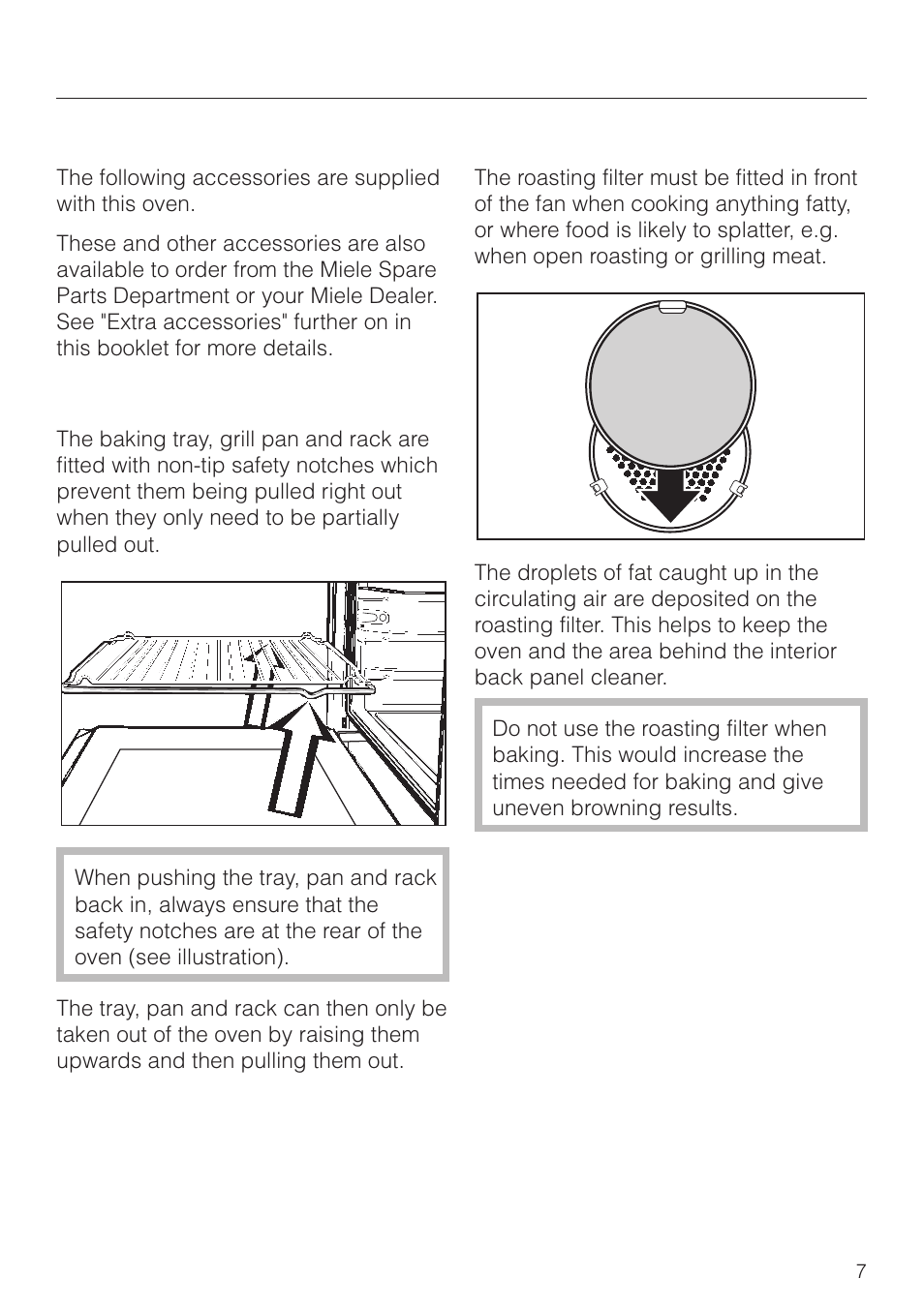 Accessories 7, Baking tray, grill pan and rack 7, Roasting filter 7 | Description of the appliance, Accessories | Miele H4270 User Manual | Page 7 / 72