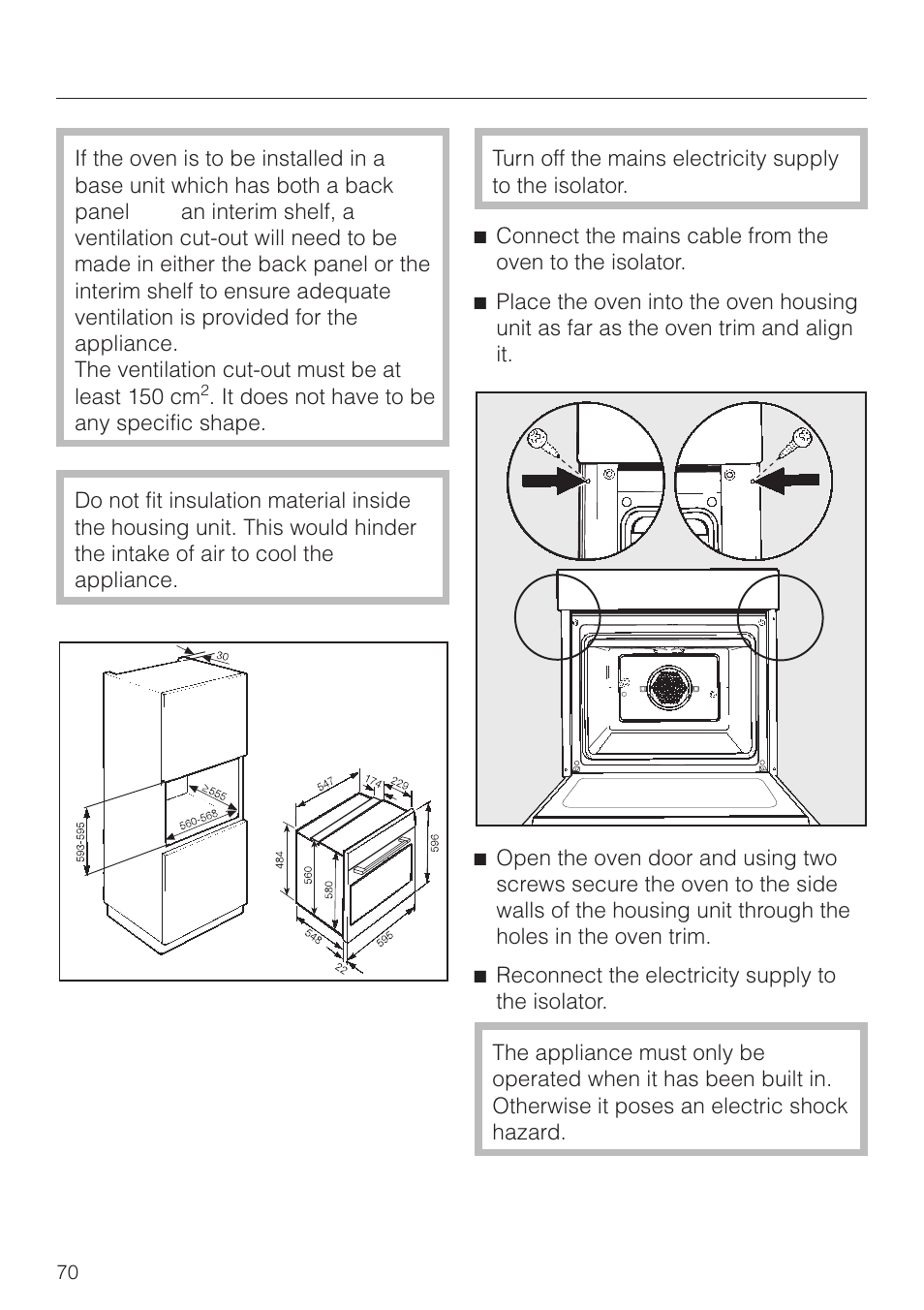 Installing the oven 70, Installing the oven | Miele H4270 User Manual | Page 70 / 72