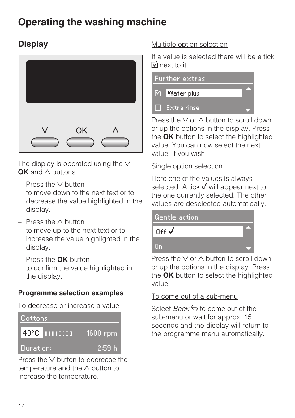 Display 14, Operating the washing machine, Display | Miele W 5964 WP User Manual | Page 14 / 84