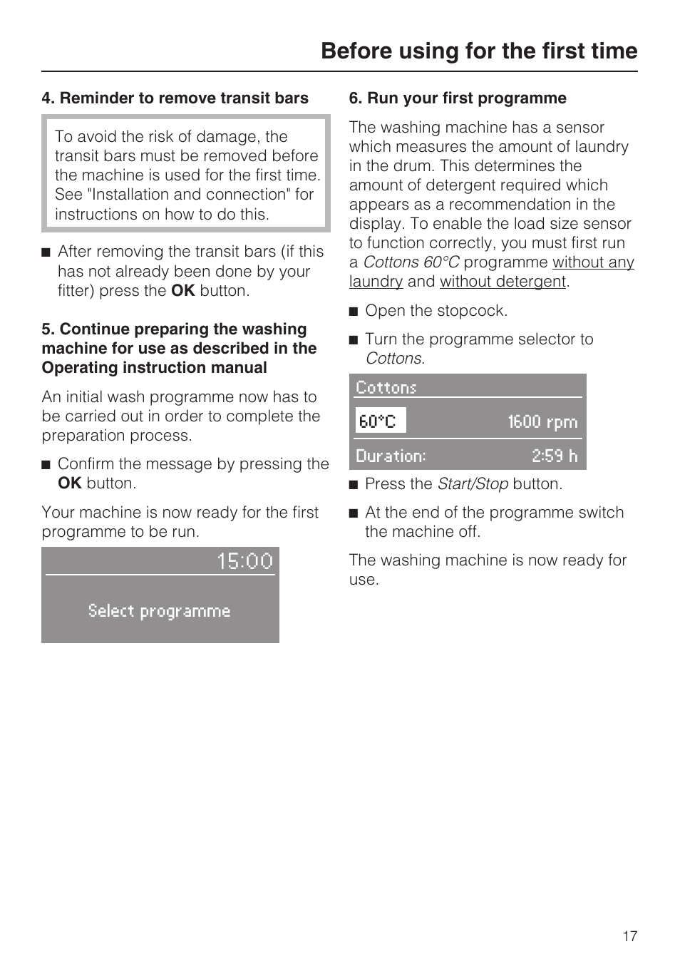 Before using for the first time | Miele W 5964 WP User Manual | Page 17 / 84