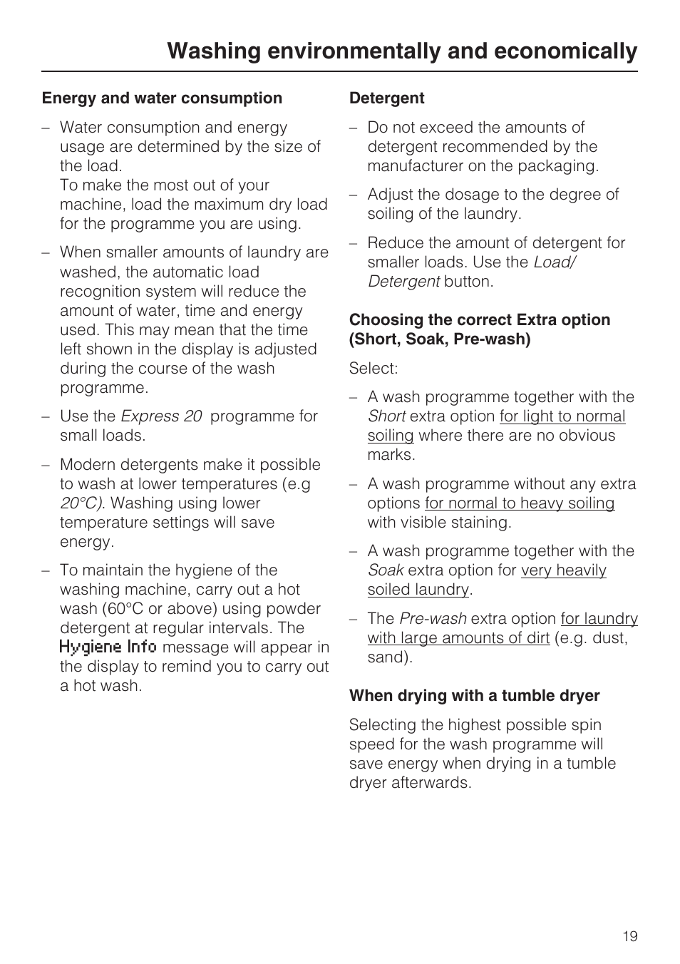 Washing environmentally and economically 19, Washing environmentally and economically | Miele W 5964 WP User Manual | Page 19 / 84