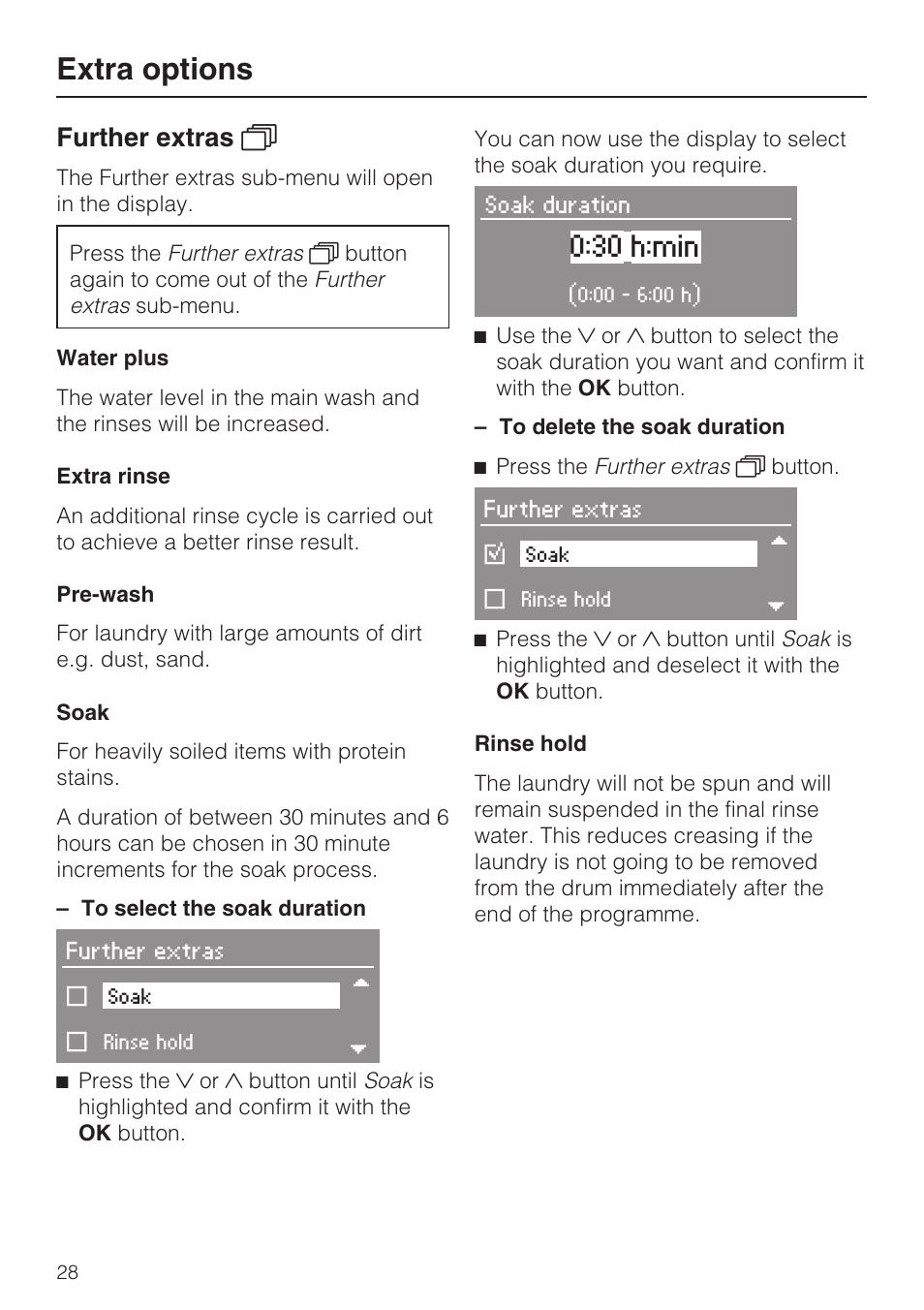 Further extras 4 28, Water plus 28, Extra rinse 28 | Pre-wash 28, Soak 28, Rinse hold 28, Extra options, Further extras 4 | Miele W 5964 WP User Manual | Page 28 / 84