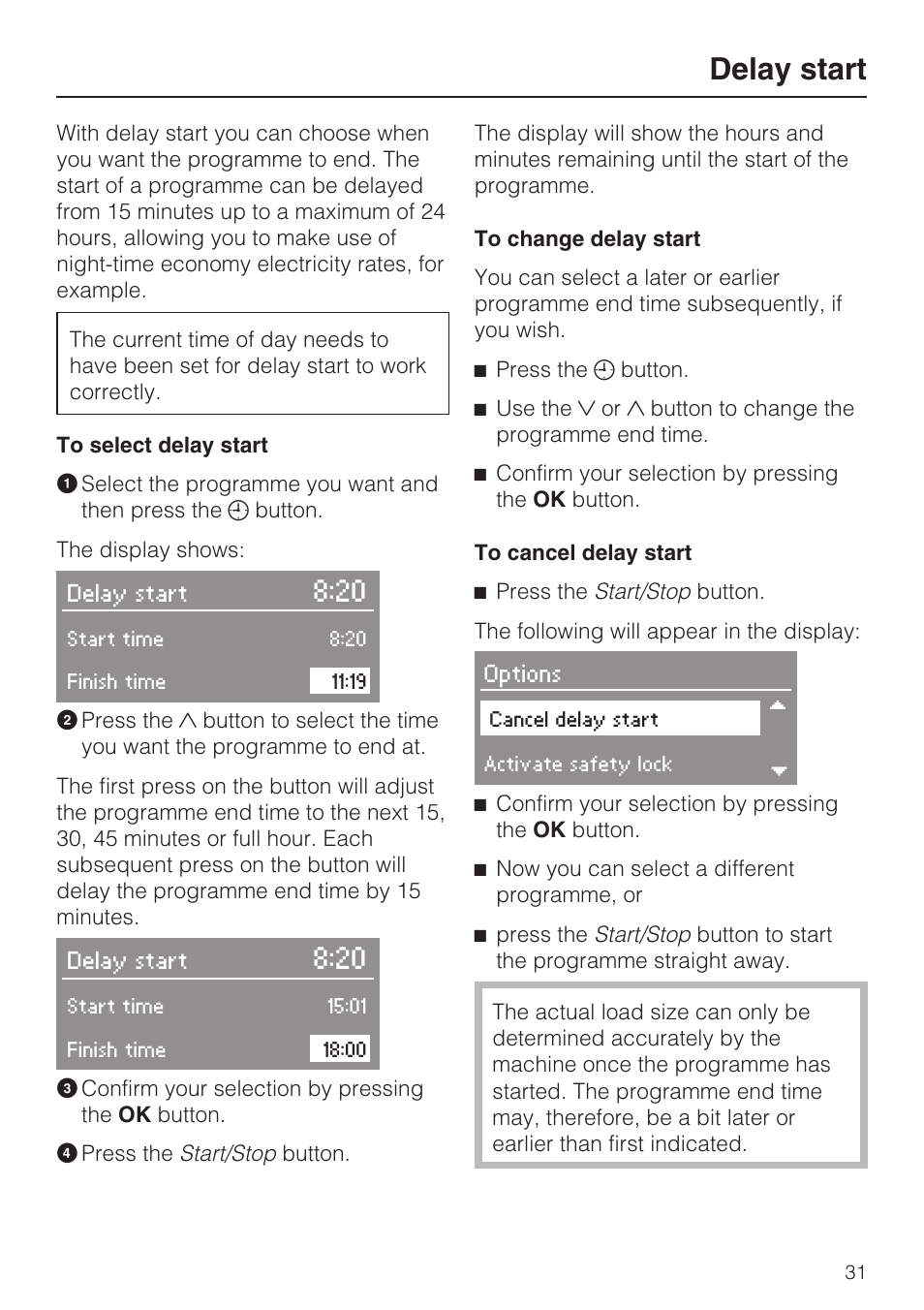 Delay start 31, Delay start | Miele W 5964 WP User Manual | Page 31 / 84